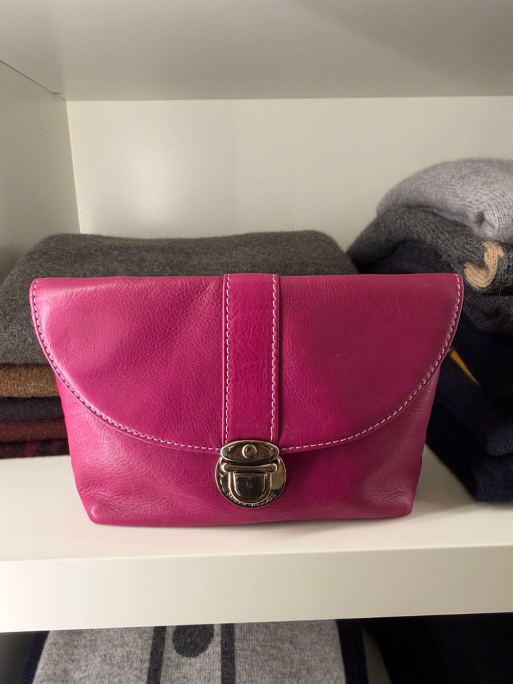 Marc Jacobs Fuchsia Leather Fold-Over Clutch with Gold-Tone Turn Lock